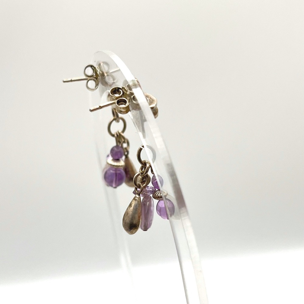 Vintage Sterling Silver Amethyst Brutalist Cluster Drop Earrings Purple Stone - Picture 6 of 6